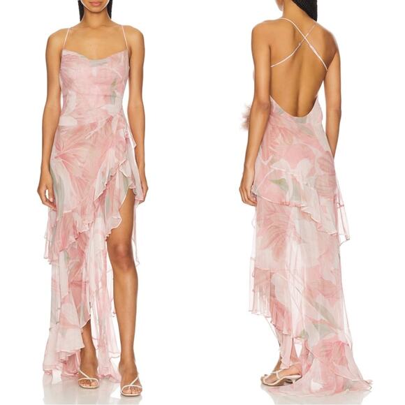 Retrofete Samara Silk Chiffon Ruffle Tiered Pink Floral Maxi Dress Size Large - Picture 2 of 9